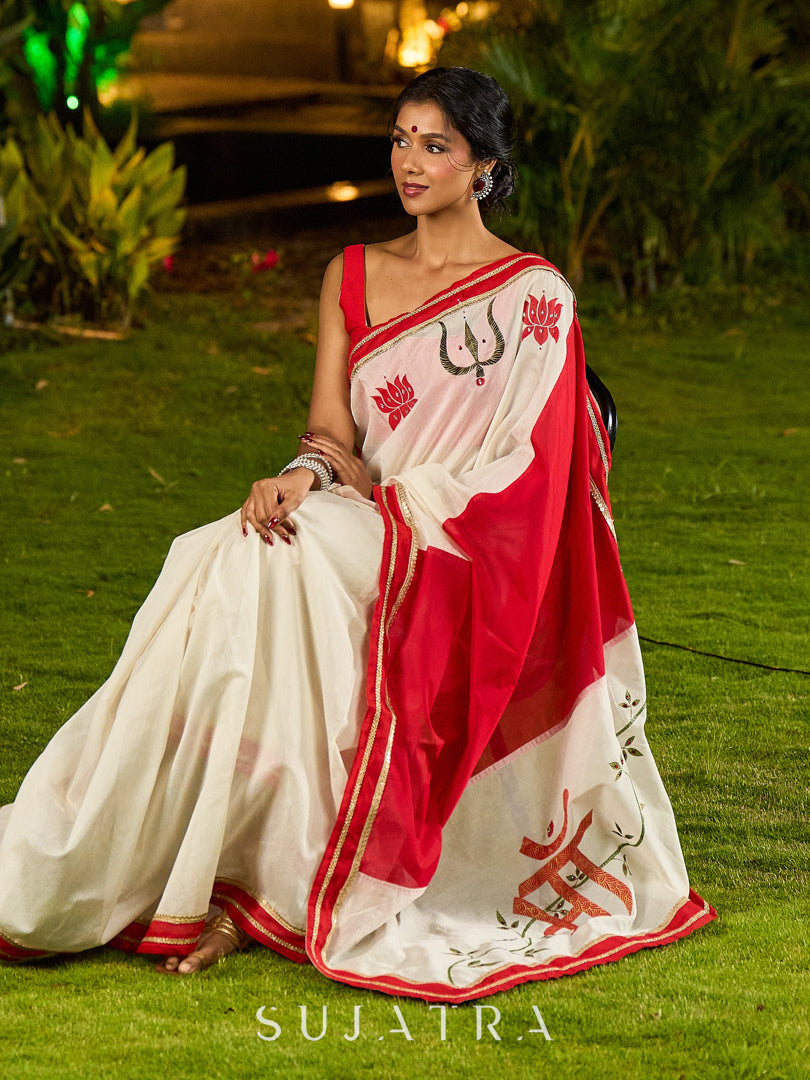 Timeworn Ivory Chanderi Saree with Red-Gold Border & Hand-Painted Pujo Special Pallu