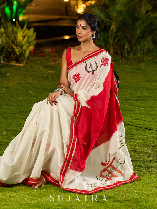 Timeworn Ivory Chanderi Saree with Red-Gold Border & Hand-Painted Pujo Special Pallu