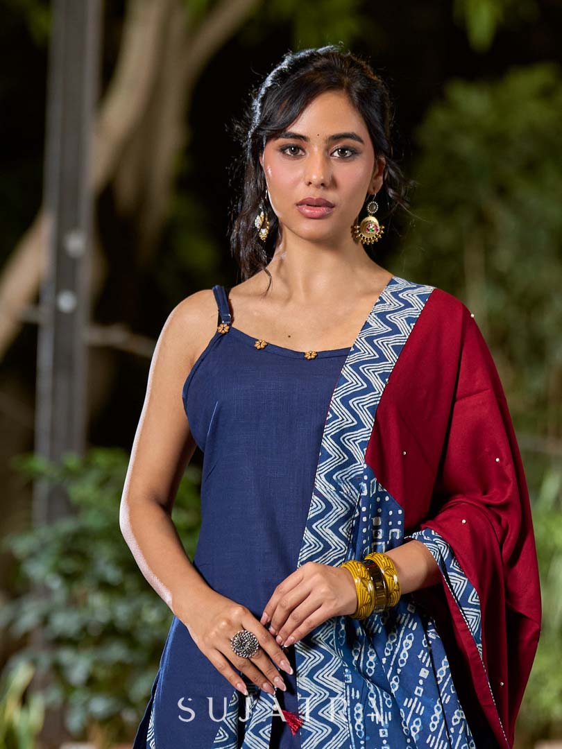 Refined Maroon Rayon Dupatta with Indigo Border & Subtle Pearl Accents