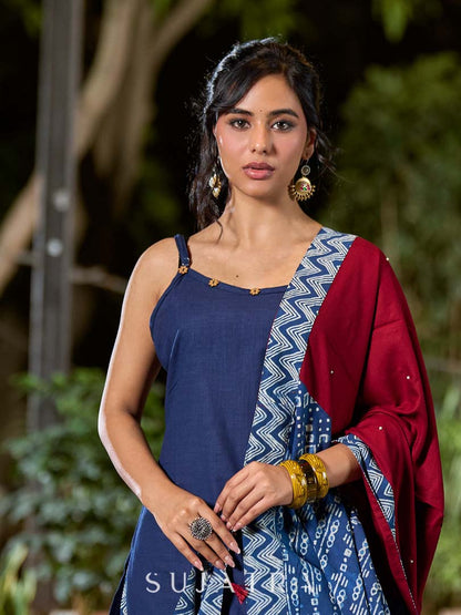 Refined Maroon Rayon Dupatta with Indigo Border & Subtle Pearl Accents
