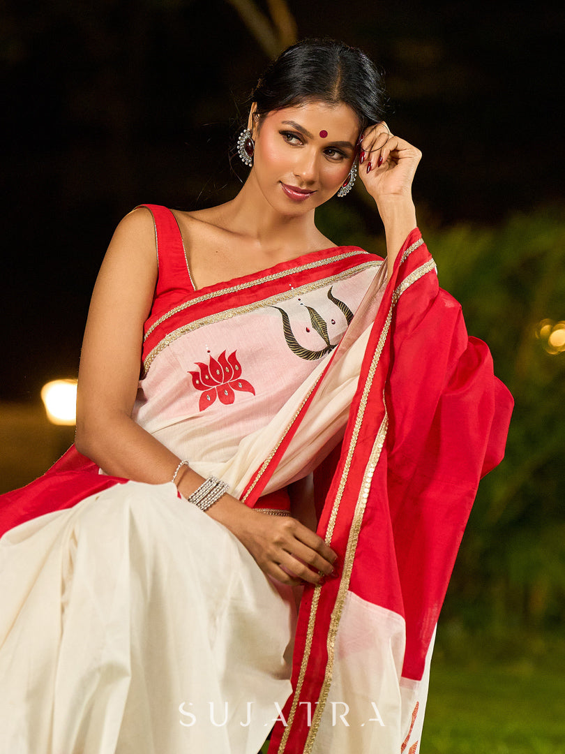 Timeworn Ivory Chanderi Saree with Red-Gold Border & Hand-Painted Pujo Special Pallu
