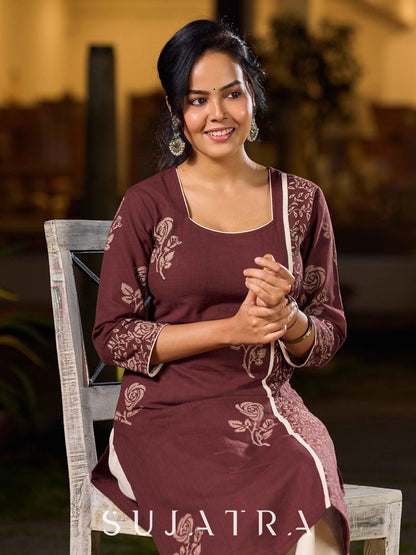 Earthy Brown Cotton Kurta With Elegant Hand Block Floral Prints And Highlighted Printed Panel