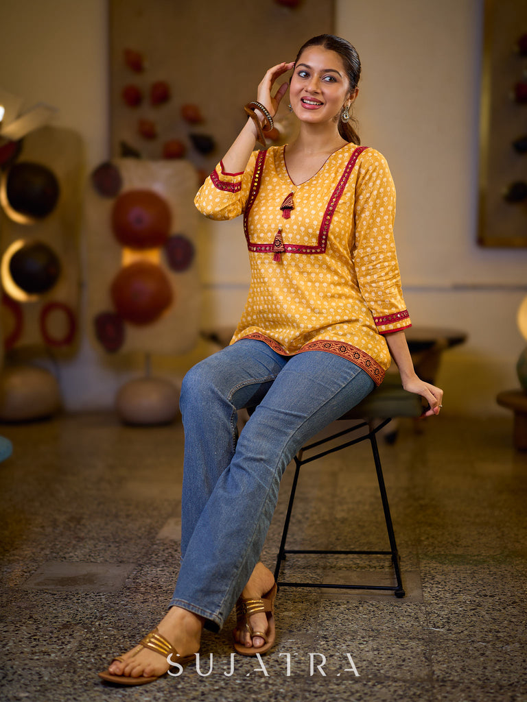 Graceful Yellow Floral Top with Mirror and Tassel Detailing
