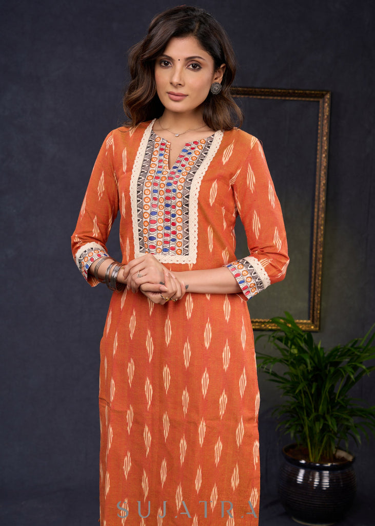 Stylish-Orange-Cotton-Ikat-Straight-Cut-Kurta-Highlighted-With-Hand-Painted-Yoke-&-Crochet-Lace--Pant-Optional