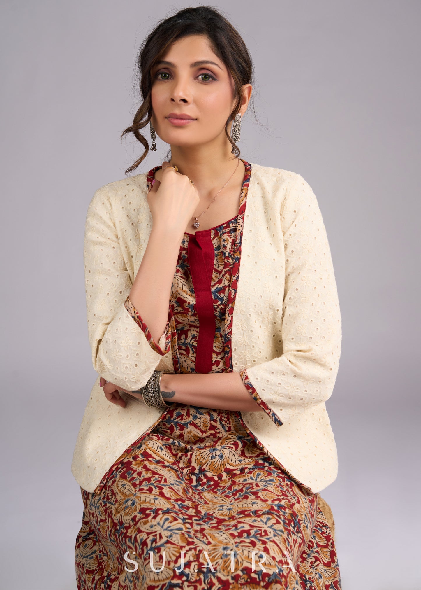 Ivory Elegance Hakoba Jacket with Kalamkari Accents - Dress optional