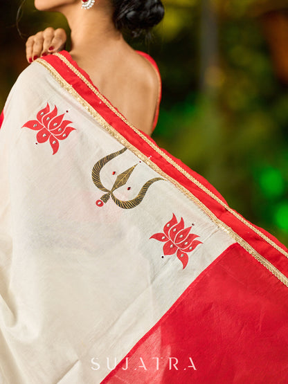 Timeworn Ivory Chanderi Saree with Red-Gold Border & Hand-Painted Pujo Special Pallu