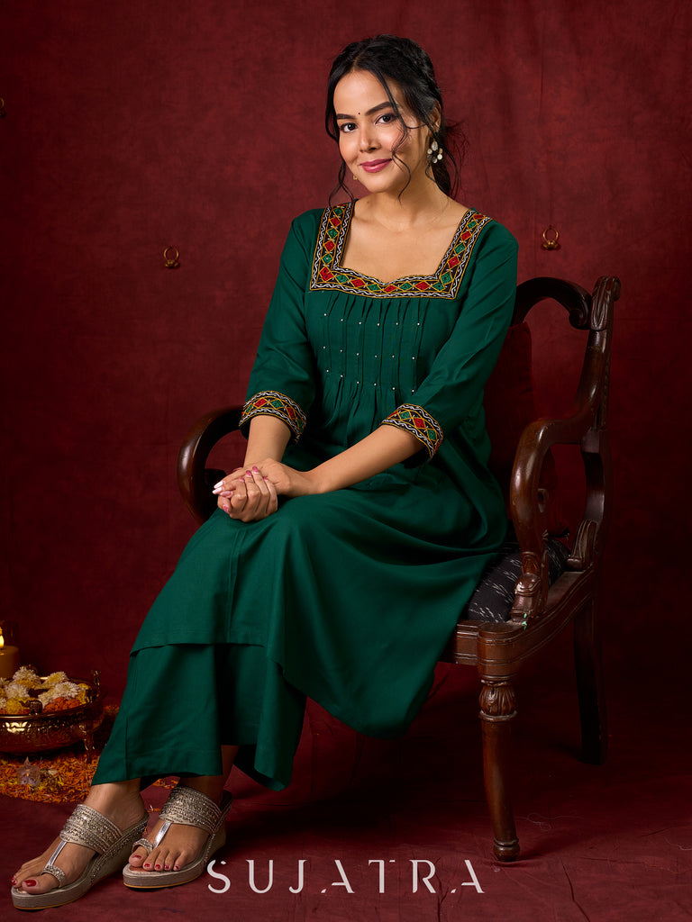 Elegant rayon kurta featuring tucks, square neck, and sparkling mirror detailing - Pant optional