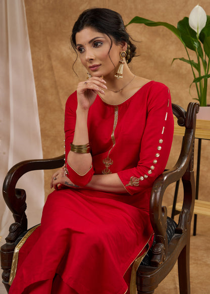Stunning red cotton silk kurta adorned with intricate hand embroidery Pant optional