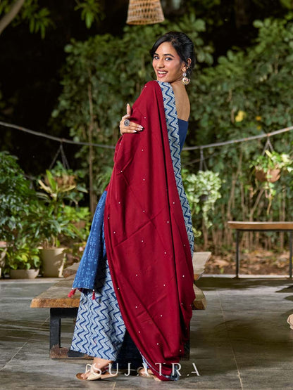 Refined Maroon Rayon Dupatta with Indigo Border & Subtle Pearl Accents