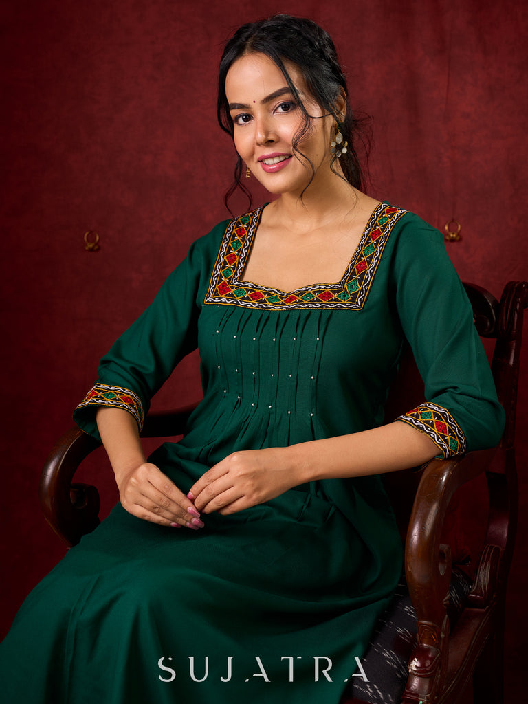 Elegant rayon kurta featuring tucks, square neck, and sparkling mirror detailing - Pant optional
