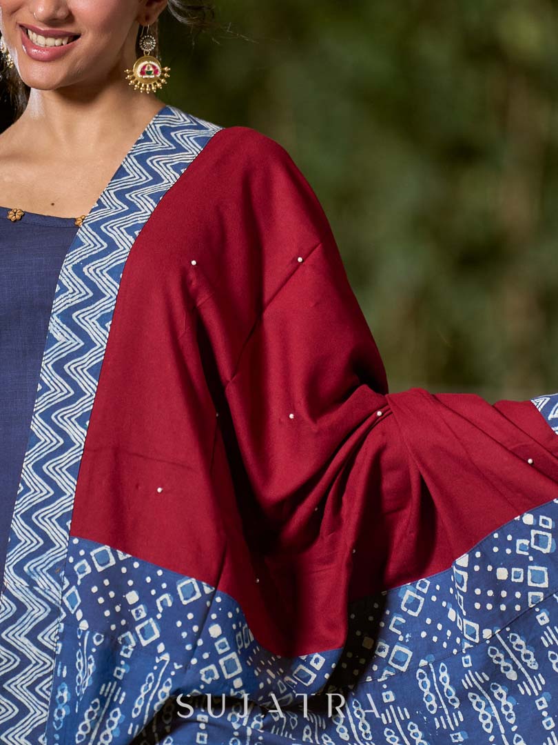 Refined Maroon Rayon Dupatta with Indigo Border & Subtle Pearl Accents