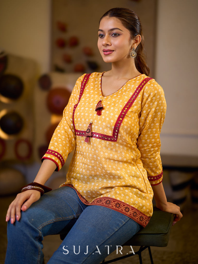 Graceful Yellow Floral Top with Mirror and Tassel Detailing