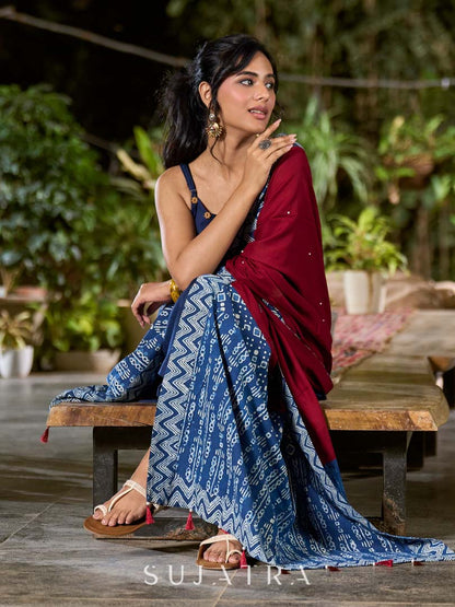 Refined Maroon Rayon Dupatta with Indigo Border & Subtle Pearl Accents