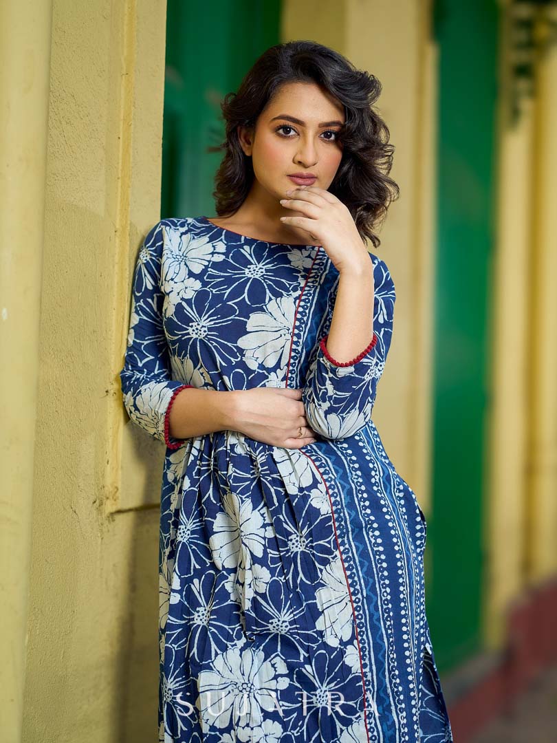 Contemporary Indigo Kurta Featuring Floral & Stripe Panels, Maroon Highlights and Asymmetric Gathered Yoke