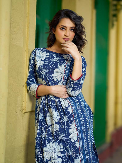 Contemporary Indigo Kurta Featuring Floral & Stripe Panels, Maroon Highlights and Asymmetric Gathered Yoke