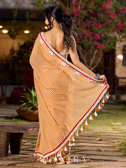 Handloom White & Mustard Checkered Cotton Saree with Delicate Crochet Border