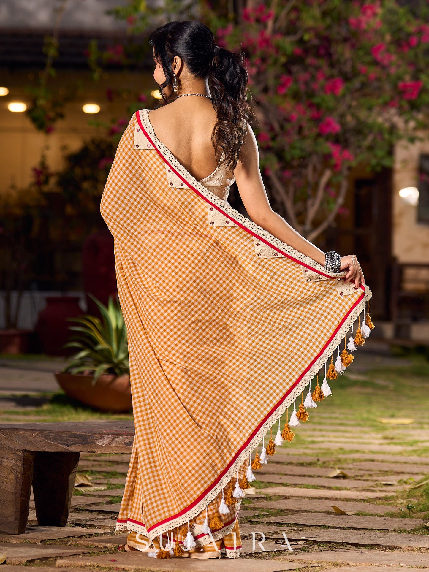 Timeless White & Mustard Checkered Cotton Saree with Delicate Hand Embroidery & Lace Details