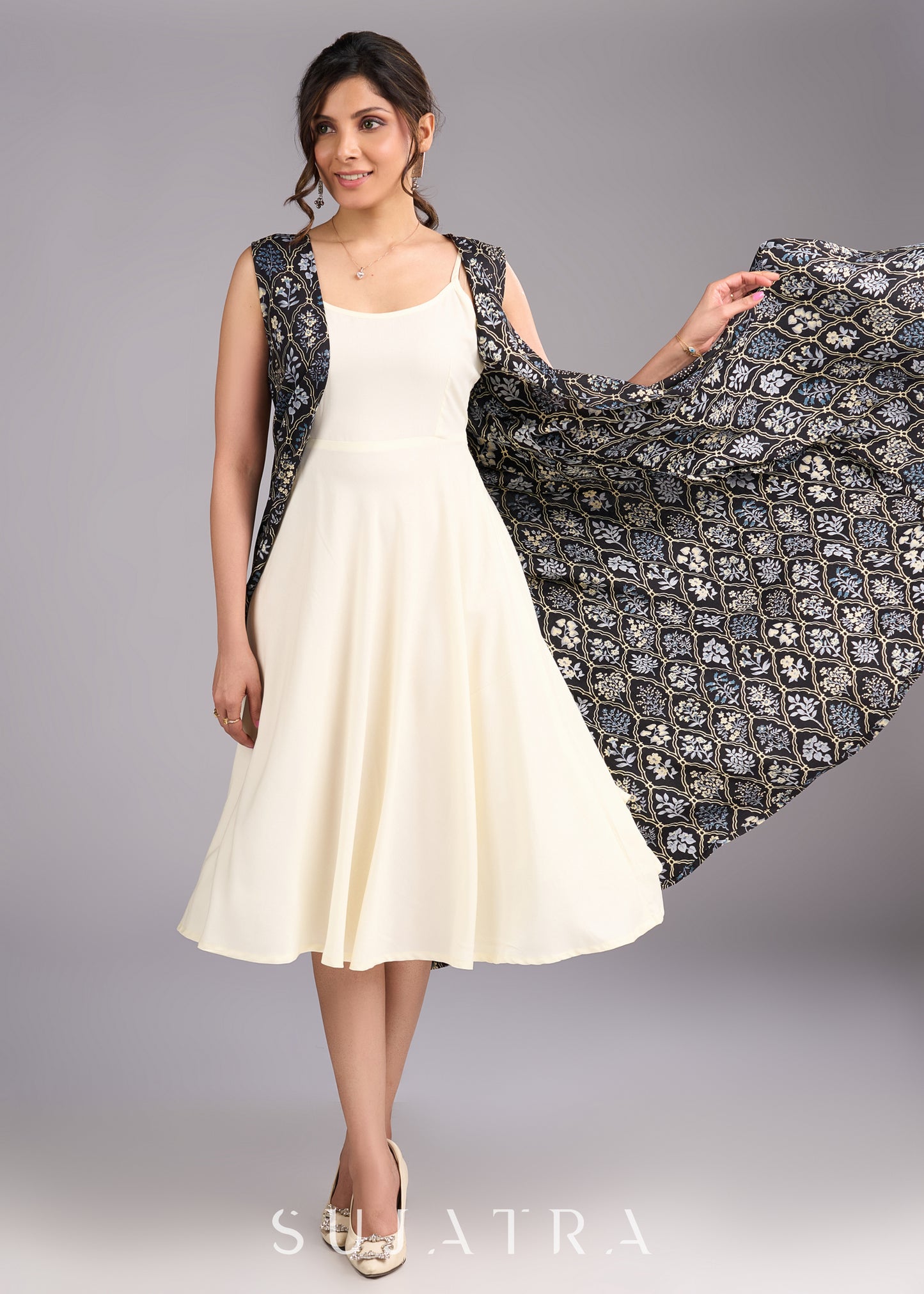 Midnight Muse Sleeveless Black Viscose Shrug with Vibrant Floral Print - Dress optional