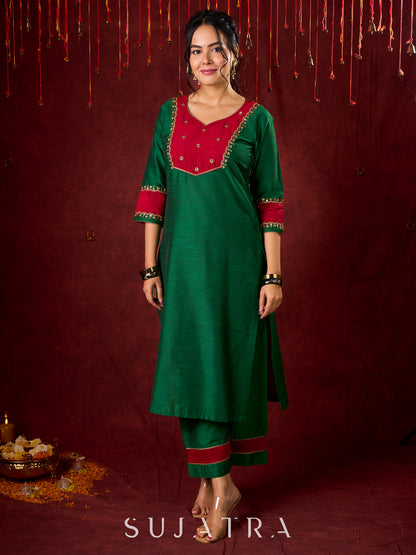 Handcrafted embroidery on luxurious forest green cotton-silk kurta -Pant optional