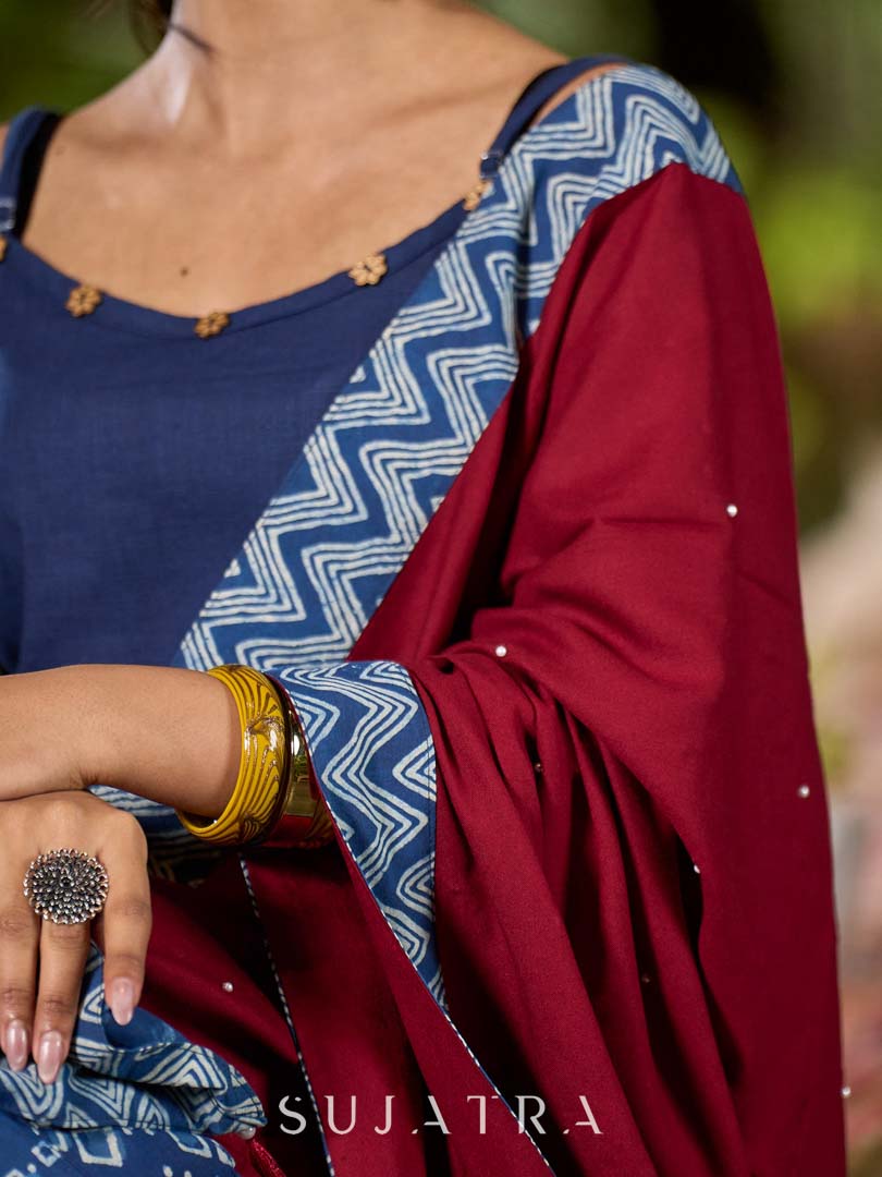 Refined Maroon Rayon Dupatta with Indigo Border & Subtle Pearl Accents