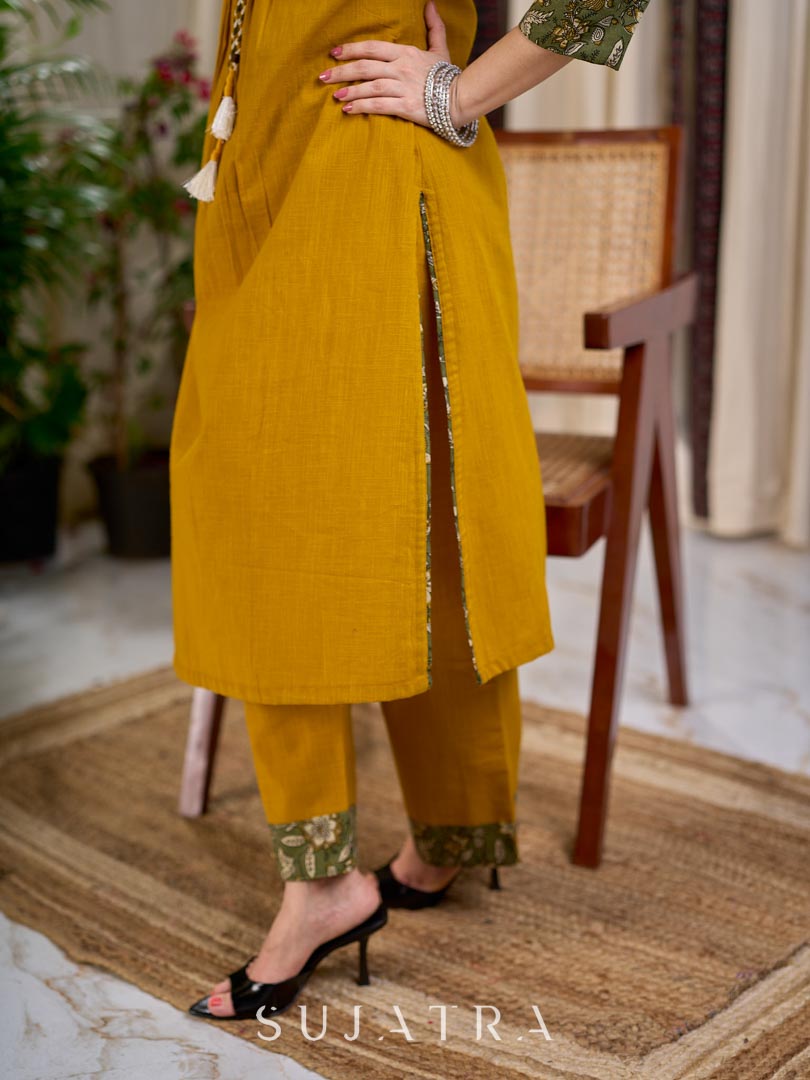 Mustard Solid Cotton Straight Pant with Olive Floral Printed Border