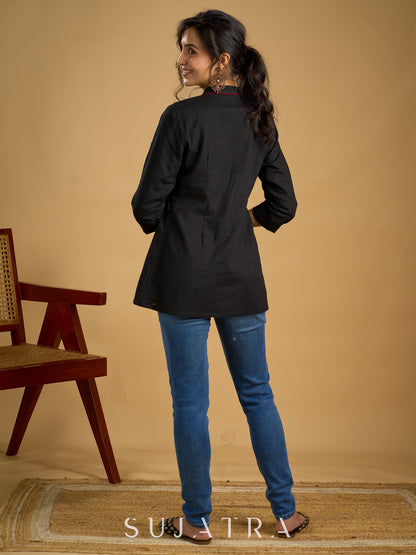Traditional hand kalamkari designs on contrasting black cotton giving a  classic style - Pant optional