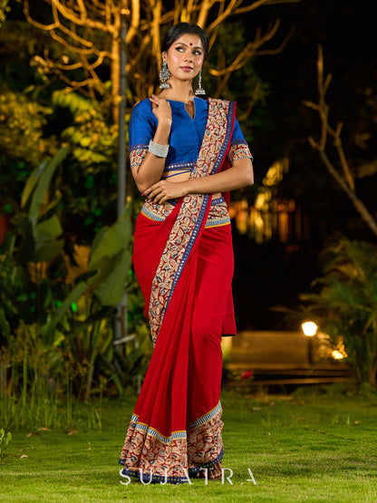 Poised Red Georgette Saree with Kalamkari & Indigo Border Highlighted with Mirror Lace Trim