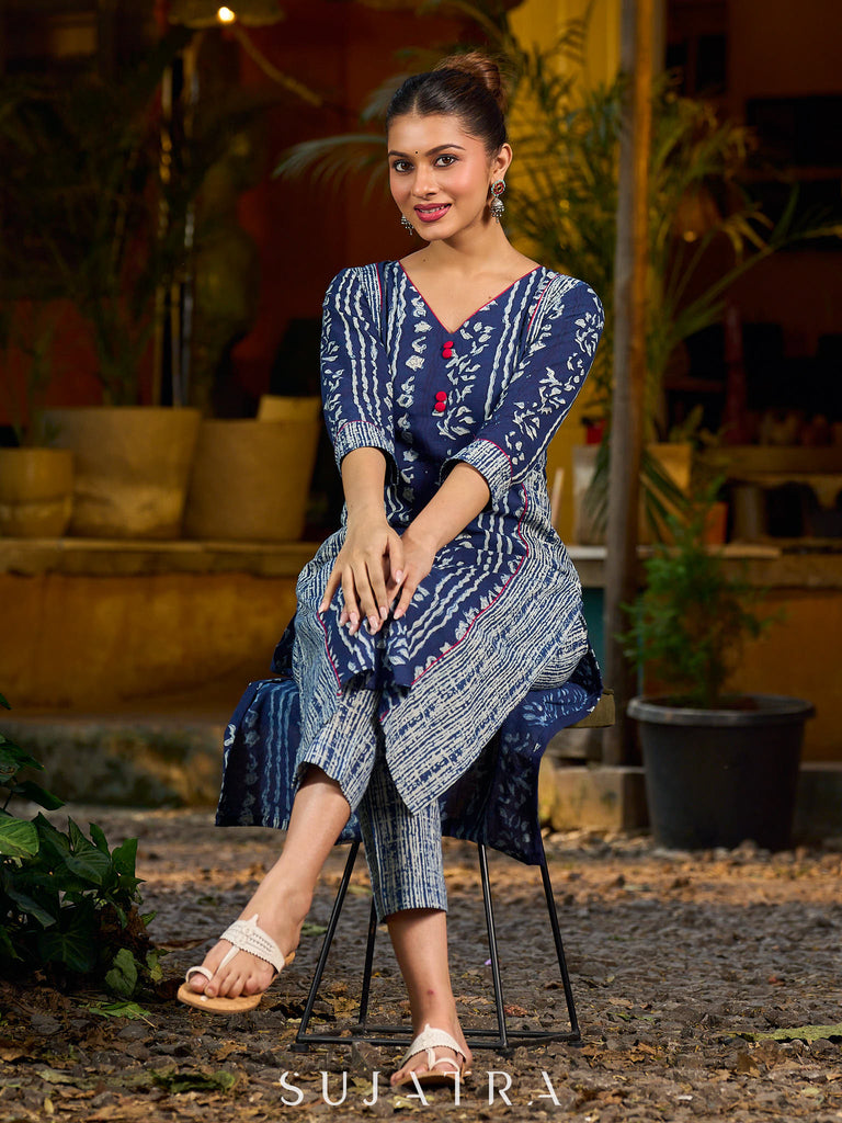 Indigo kurta elevated with delicate pink piping and buttons