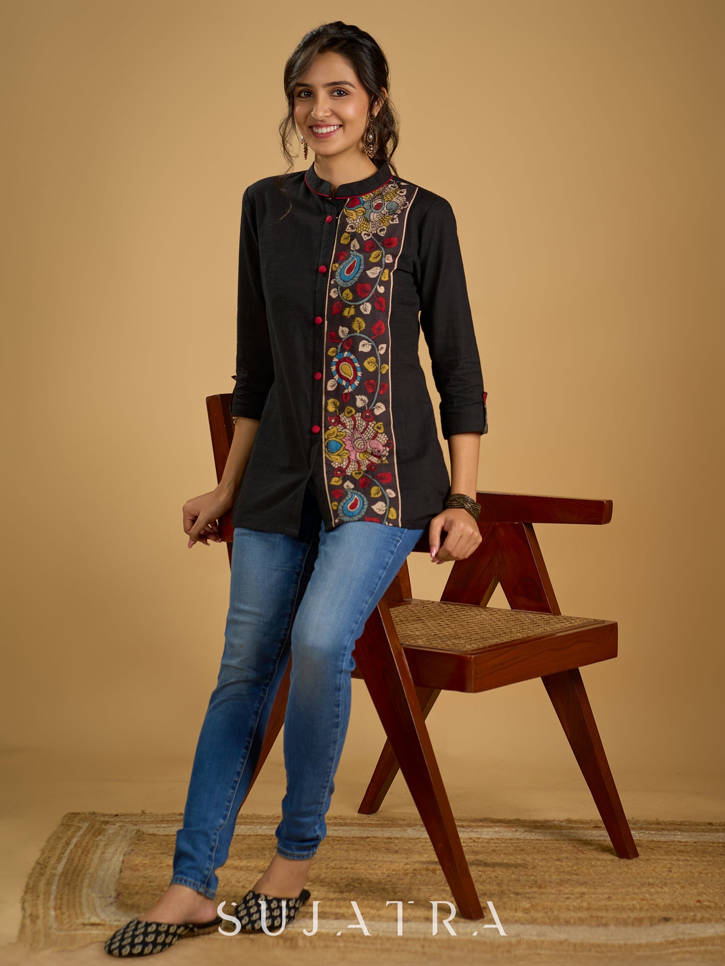 Traditional hand kalamkari designs on contrasting black cotton giving a  classic style - Pant optional