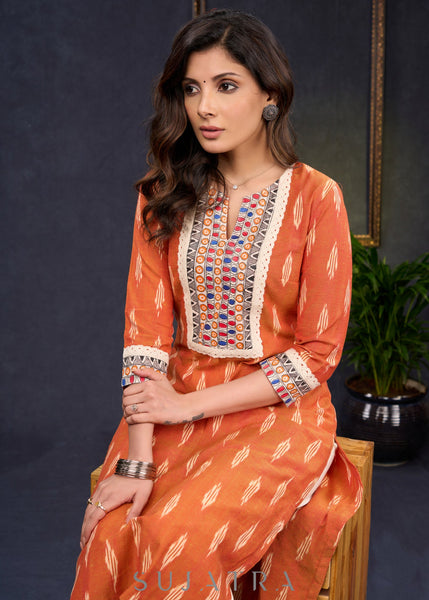 Stylish-Orange-Cotton-Ikat-Straight-Cut-Kurta-Highlighted-With-Hand-Painted-Yoke-&-Crochet-Lace--Pant-Optional