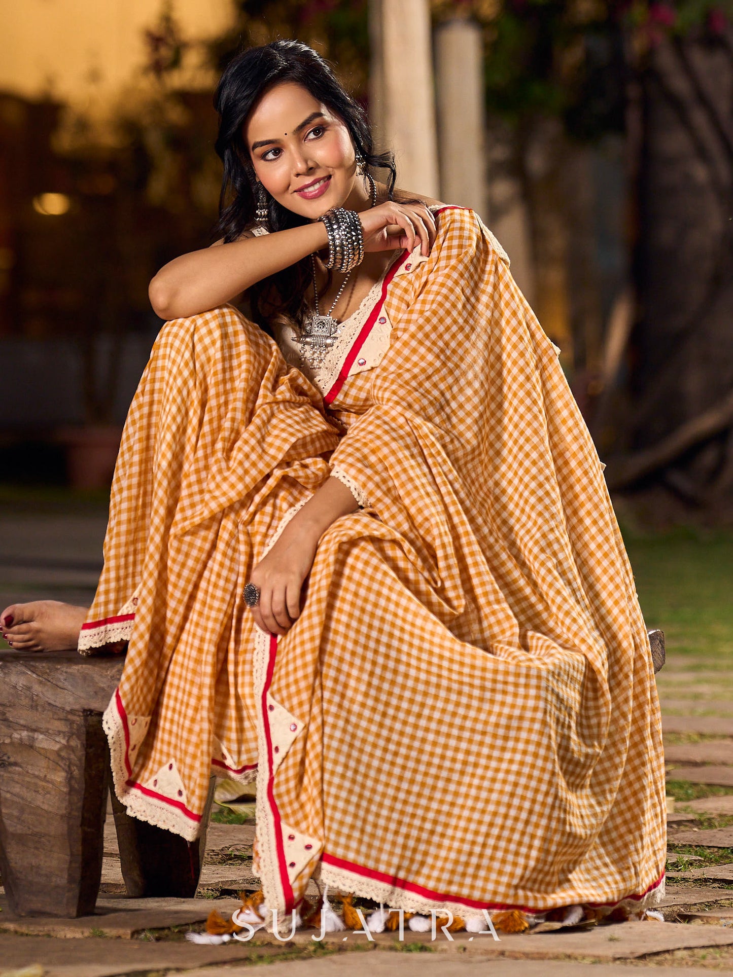 Timeless White & Mustard Checkered Cotton Saree with Delicate Hand Embroidery & Lace Details