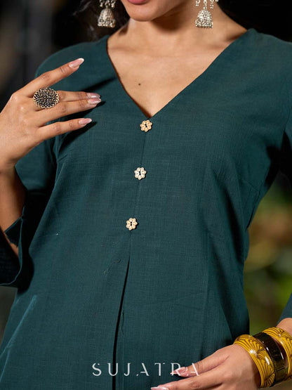 Bottle Green Cotton Kurta with Simple V Neck Detail