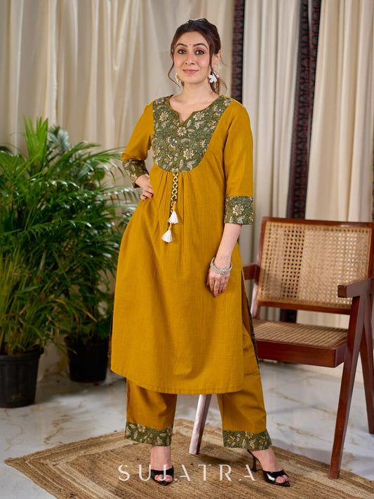 Mustard Solid Cotton Straight Pant with Olive Floral Printed Border