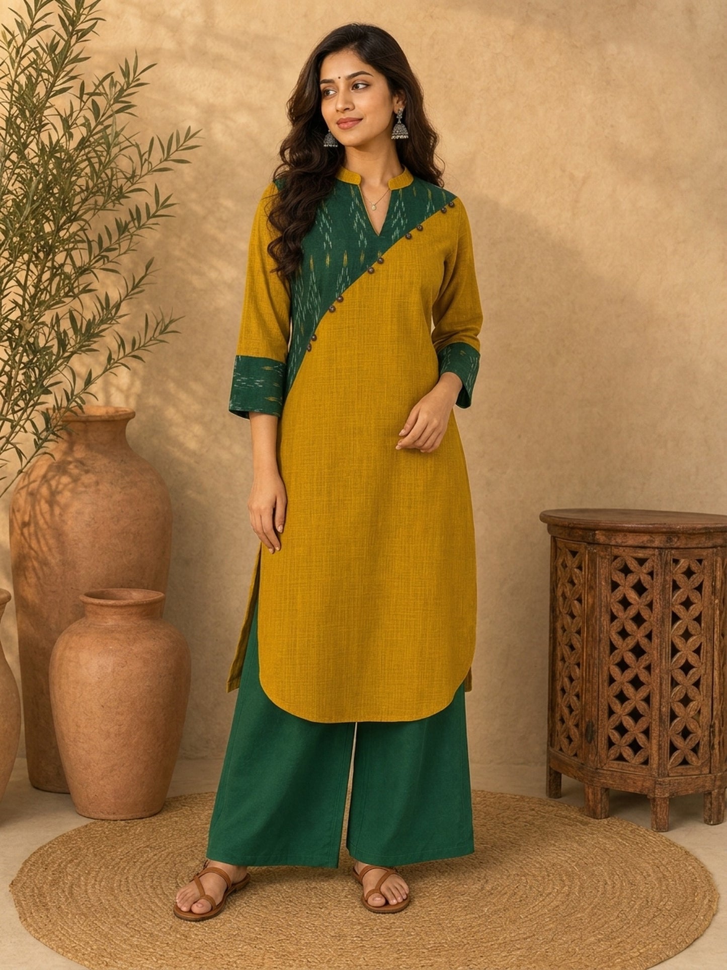 Classic Cotton Silk Solid Dark Green Pencil Pant