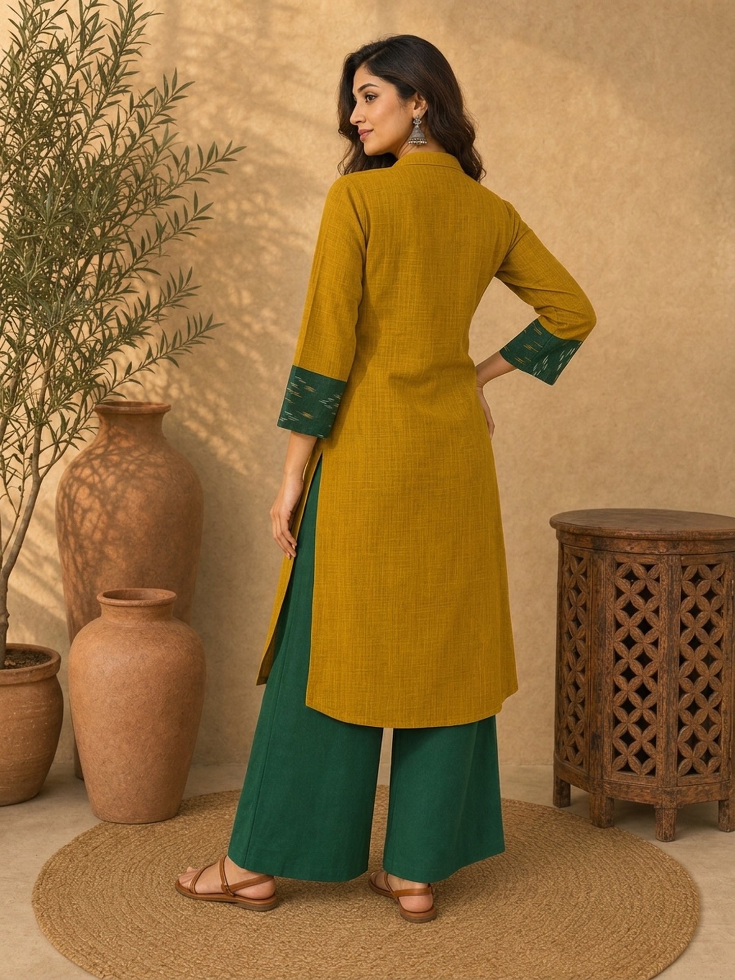 Classic Mustard & Forest Green Ikat Panelled Kurta with Diagonal Contrast Yoke & Cuff Band