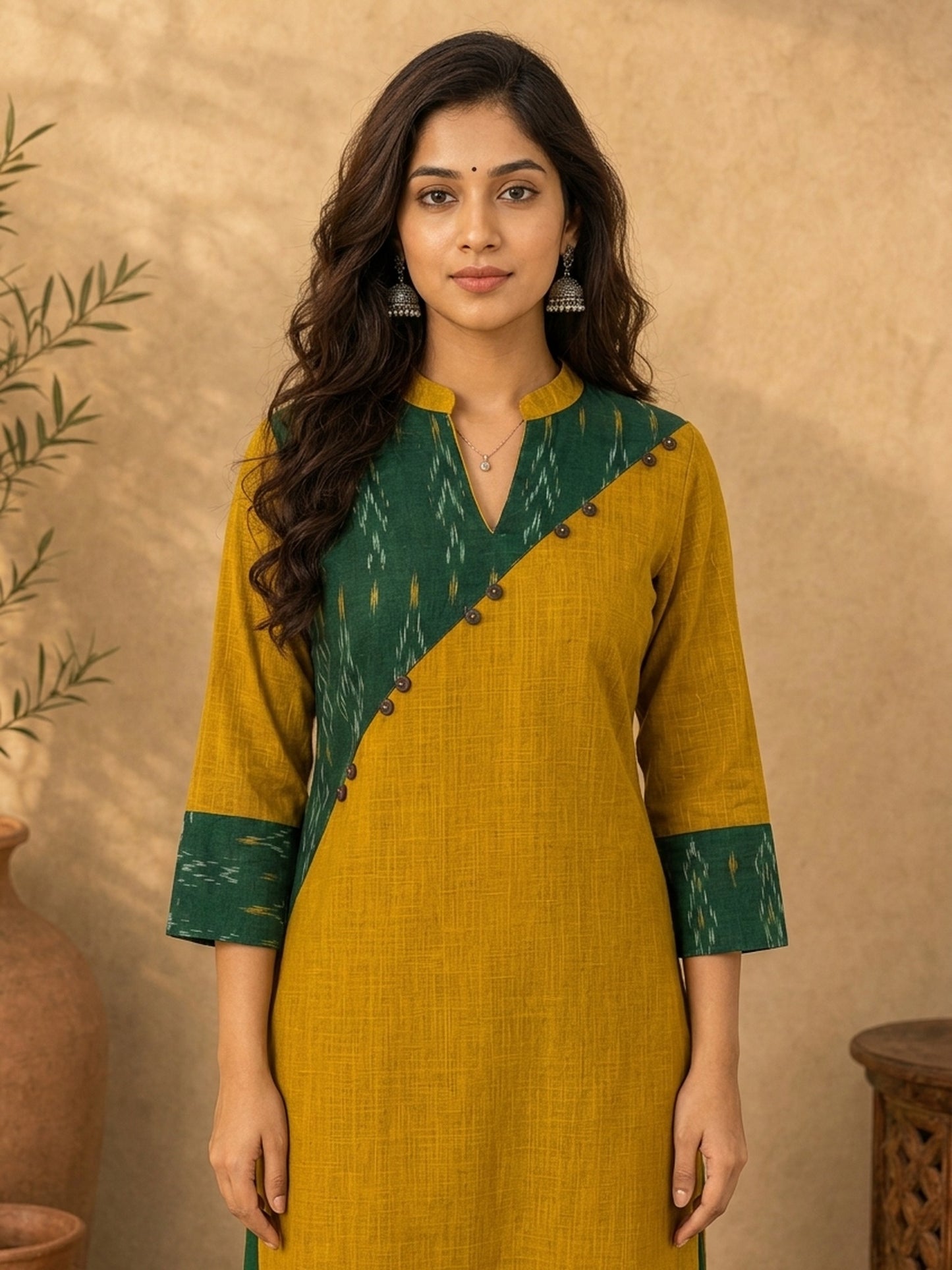 Classic Mustard & Forest Green Ikat Panelled Kurta with Diagonal Contrast Yoke & Cuff Band