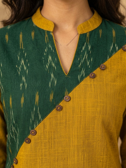 Classic Mustard & Forest Green Ikat Panelled Kurta with Diagonal Contrast Yoke & Cuff Band