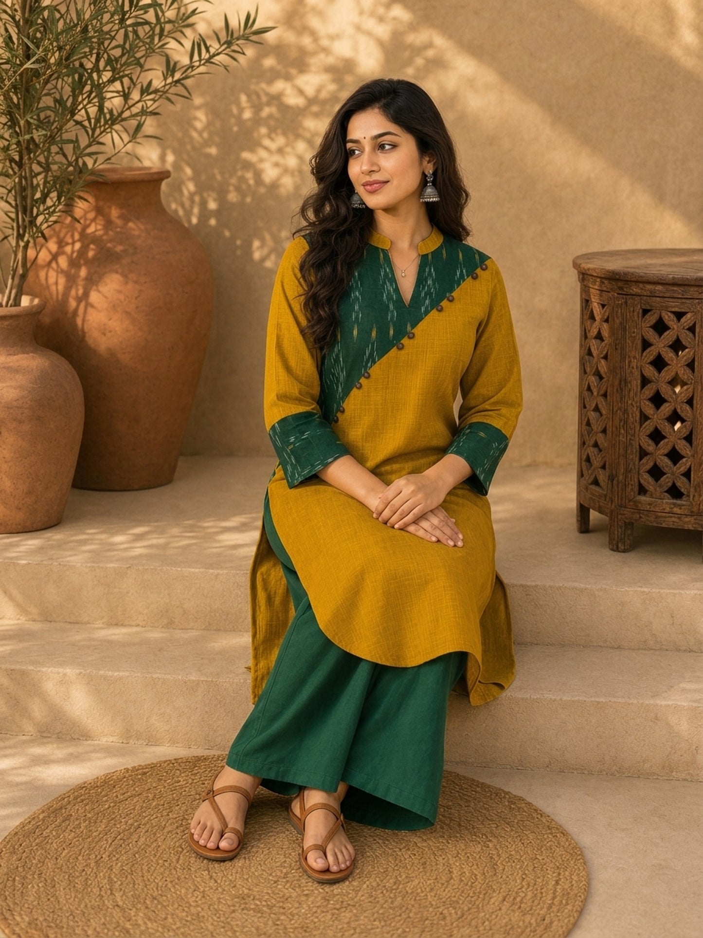 Classic Mustard & Forest Green Ikat Panelled Kurta with Diagonal Contrast Yoke & Cuff Band