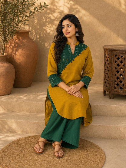 Classic Mustard & Forest Green Ikat Panelled Kurta with Diagonal Contrast Yoke & Cuff Band