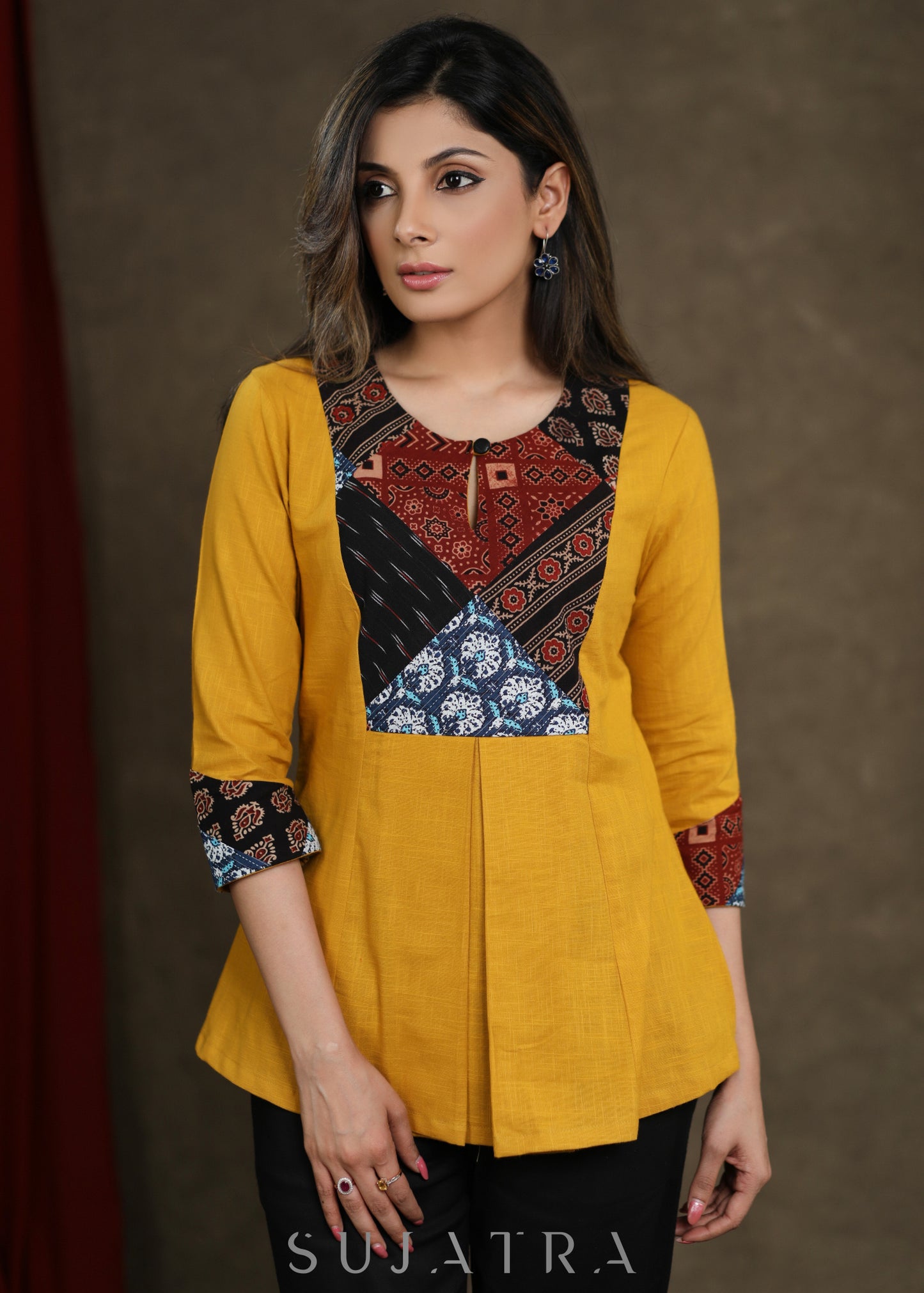 Mustard Cotton Top with Ajrakh Patchwork Yoke