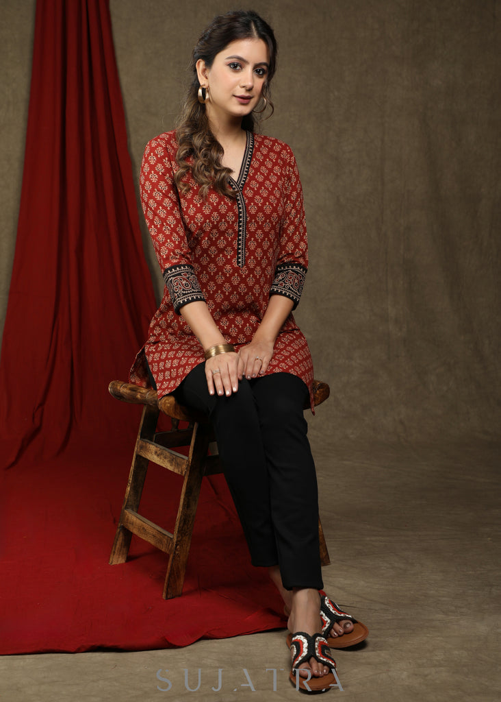 Beautiful maroon cotton ajrakh tunic with combination sleeves