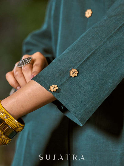 Bottle Green Cotton Kurta with Simple V Neck Detail