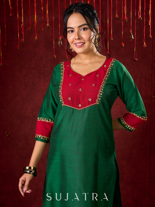 Handcrafted embroidery on luxurious forest green cotton-silk kurta -Pant optional