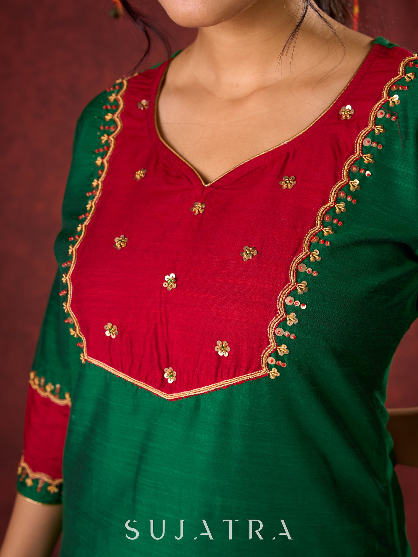 Handcrafted embroidery on luxurious forest green cotton-silk kurta -Pant optional