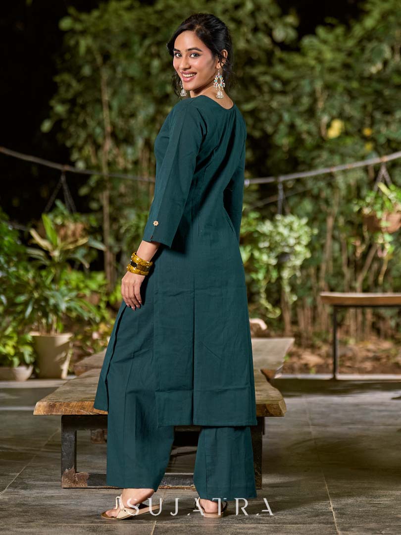 Bottle Green Cotton Kurta with Simple V Neck Detail