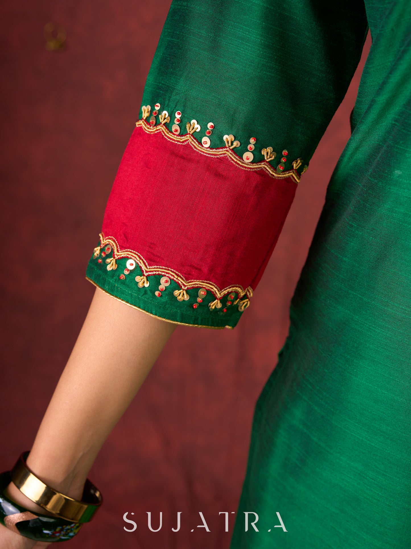 Handcrafted embroidery on luxurious forest green cotton-silk kurta -Pant optional