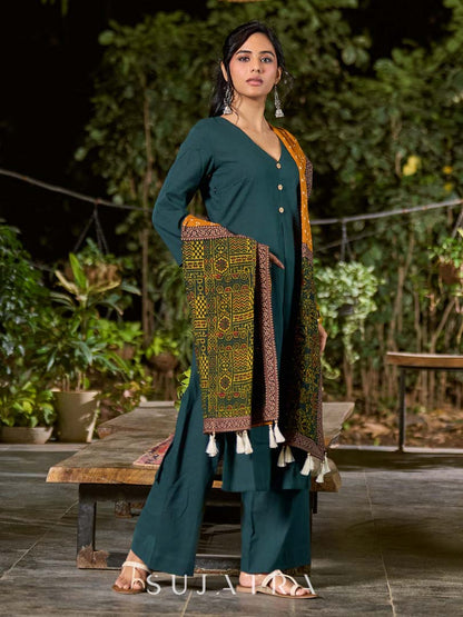 Bottle Green Cotton Kurta with Simple V Neck Detail