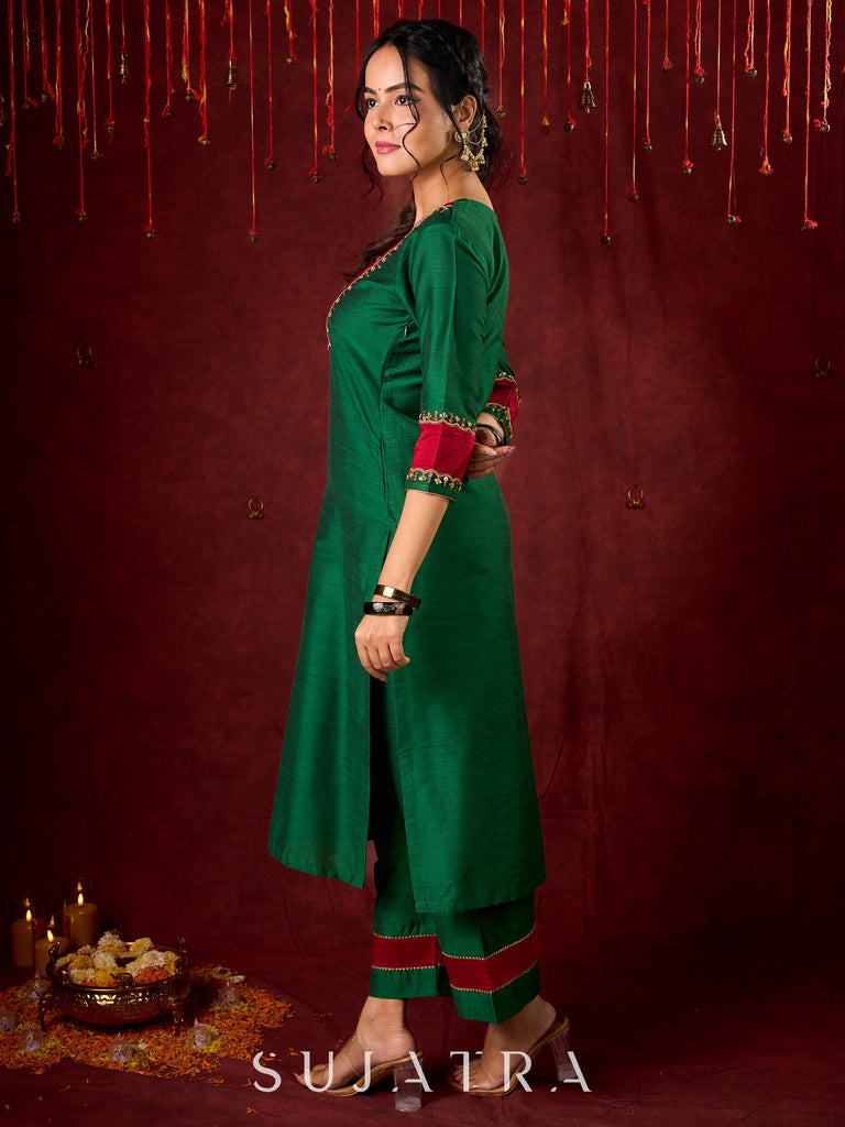 Handcrafted embroidery on luxurious forest green cotton-silk kurta -Pant optional