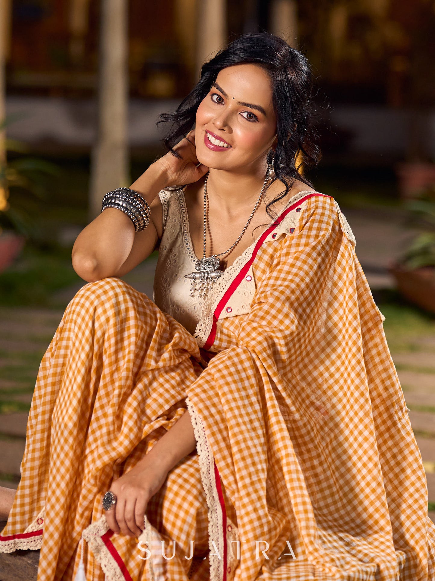 Timeless White & Mustard Checkered Cotton Saree with Delicate Hand Embroidery & Lace Details