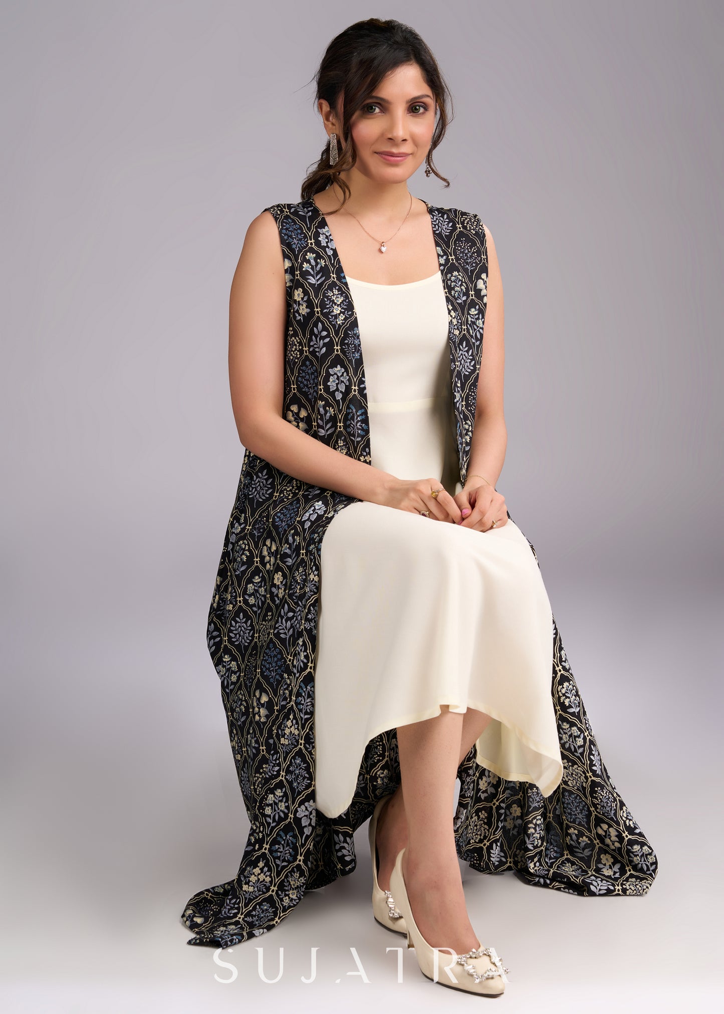 Midnight Muse Sleeveless Black Viscose Shrug with Vibrant Floral Print - Dress optional